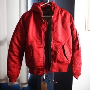 Red Alpha Industries MA-1 Natus Hooded Red Bomber Jacket, size small, NWT